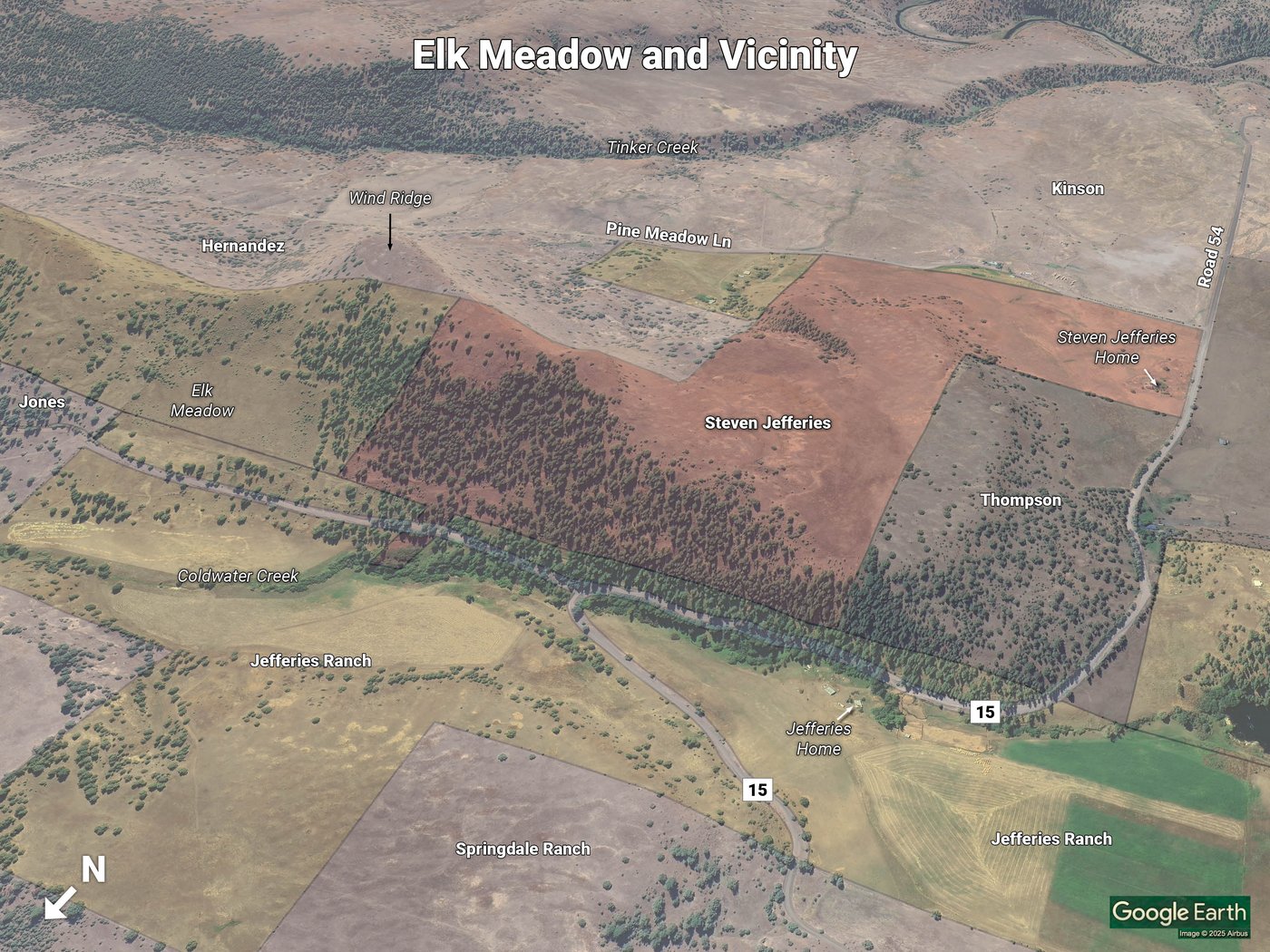 A birdseye view of property lines and topography in a rural area.