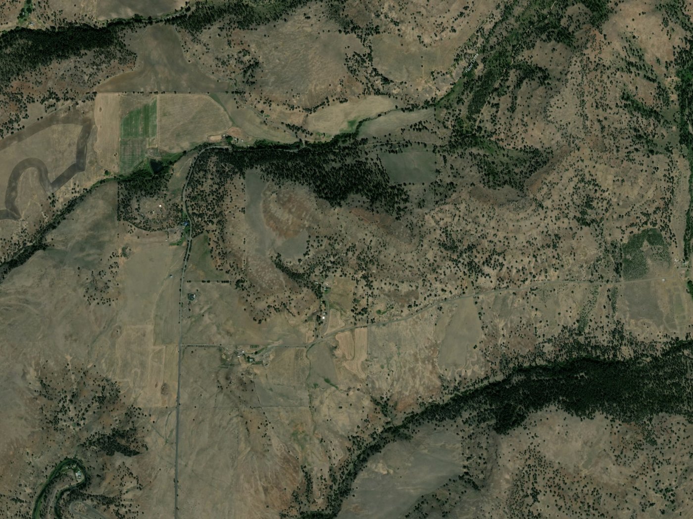 A conventional, top down view of a rural area.